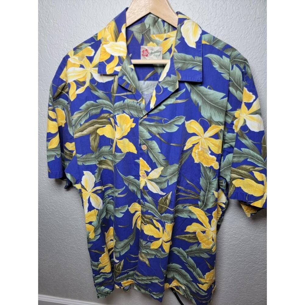 The Hawaiian Original Shirt Mens XXL Blue Yellow Floral Orchid Hawaiian Cotton